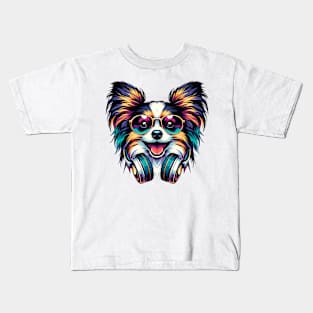 Papillon as Smiling DJ with Headphones and Sunglasses Kids T-Shirt